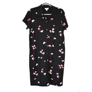 J.Jill Dress Black Collared Preppy Floral Size Medium Full Button-down Short